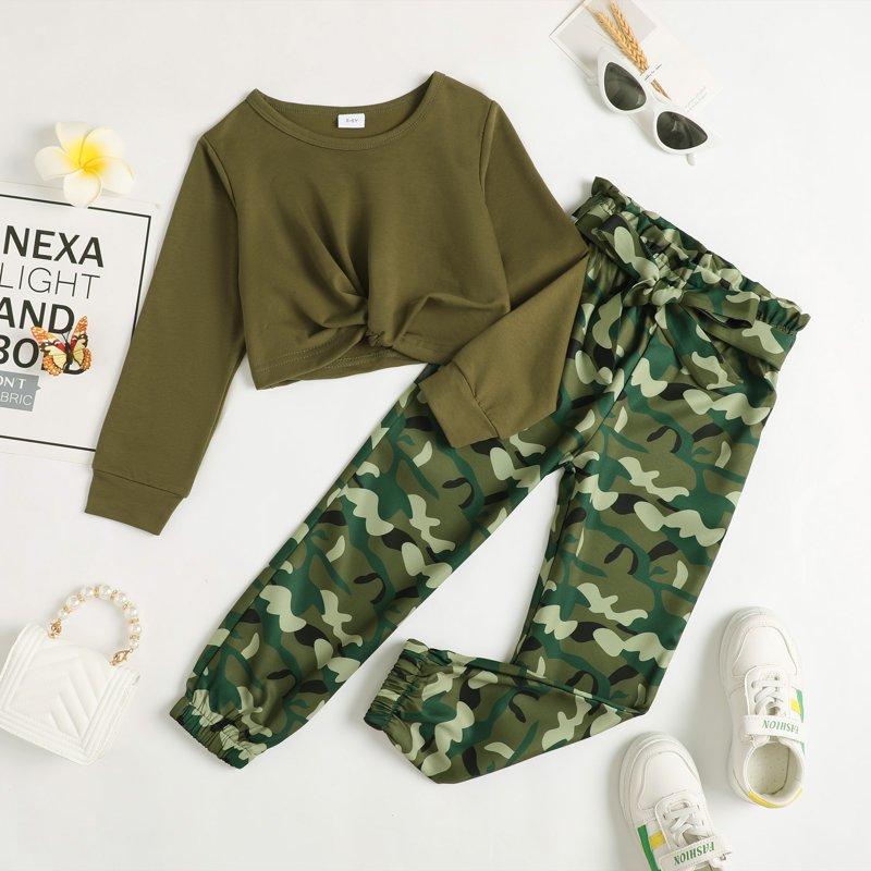 7T Big Girls Clothes 8 Years Big Girls 2PCS Fall Winter Outfits Set Big Girls Long Sleeve Top Camo Pants Set Army Green