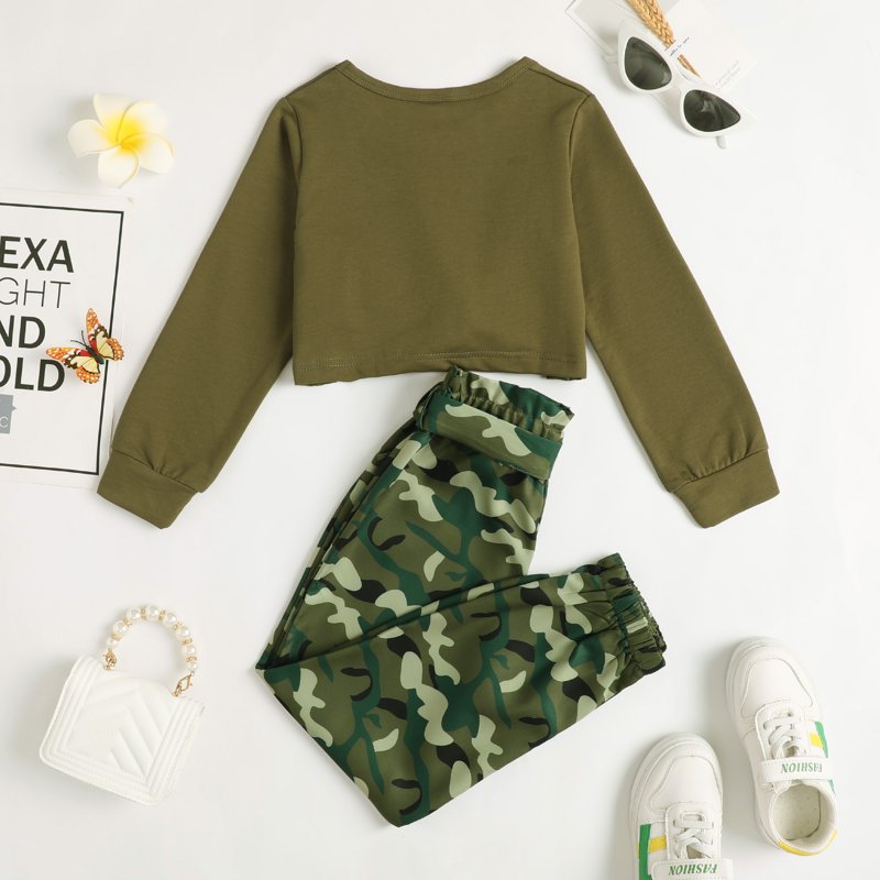 7T Big Girls Clothes 8 Years Big Girls 2PCS Fall Winter Outfits Set Big Girls Long Sleeve Top Camo Pants Set Army Green