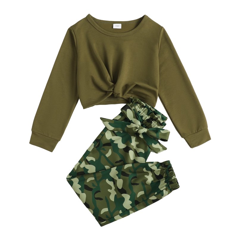 7T Big Girls Clothes 8 Years Big Girls 2PCS Fall Winter Outfits Set Big Girls Long Sleeve Top Camo Pants Set Army Green