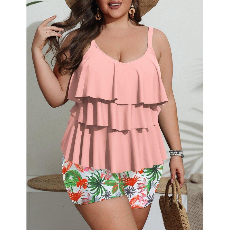 A.Jesdani Women Plus Size Tankini Swimsuits Tummy Control Two Piece Bathing Suit Ruffled Flounce Swimwear With Shorts 0X-5X