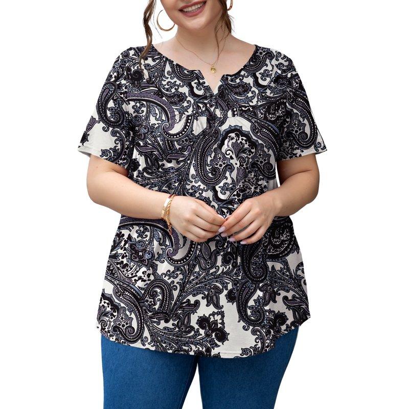 A.Jesdani Womens Plus Size Tunic Tops Short Sleeve Casual Floral Henley Shirts M-4x