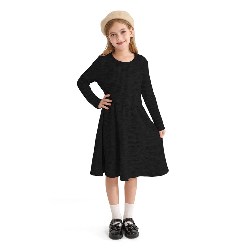 Actgleam Girls Long Sleeve Dress Round Neck A-line Casual Cute Knit Waffle Dresses For Girls Black 5-11Years