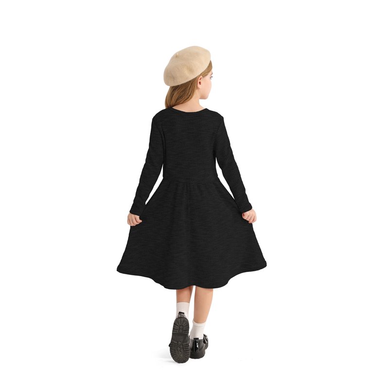 Actgleam Girls Long Sleeve Dress Round Neck A-line Casual Cute Knit Waffle Dresses For Girls Black 5-11Years