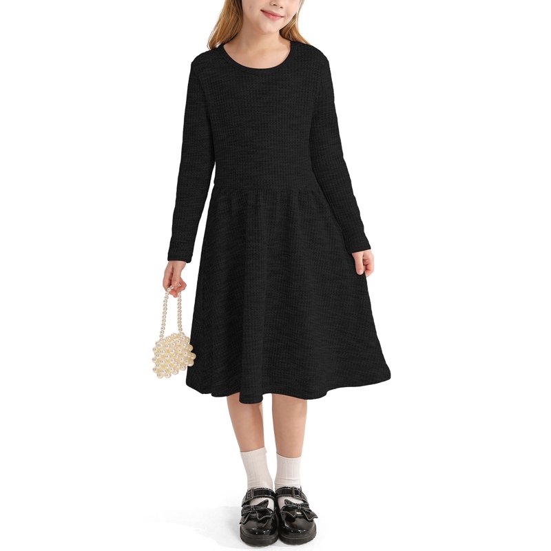 Actgleam Girls Long Sleeve Dress Round Neck A-line Casual Cute Knit Waffle Dresses for Girls Black 5-11Years