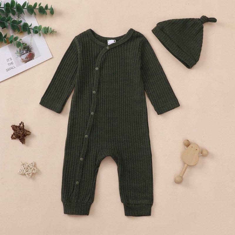 Actgleam Newborn Baby Boys Girls Pajamas With Hat Long Sleeve Button Solid Bodysuit Romper 2-Pack