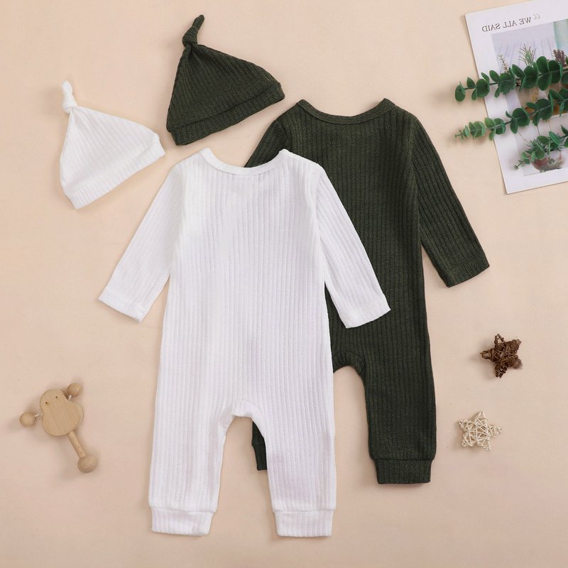 Actgleam Newborn Baby Boys Girls Pajamas With Hat Long Sleeve Button Solid Bodysuit Romper 2-Pack