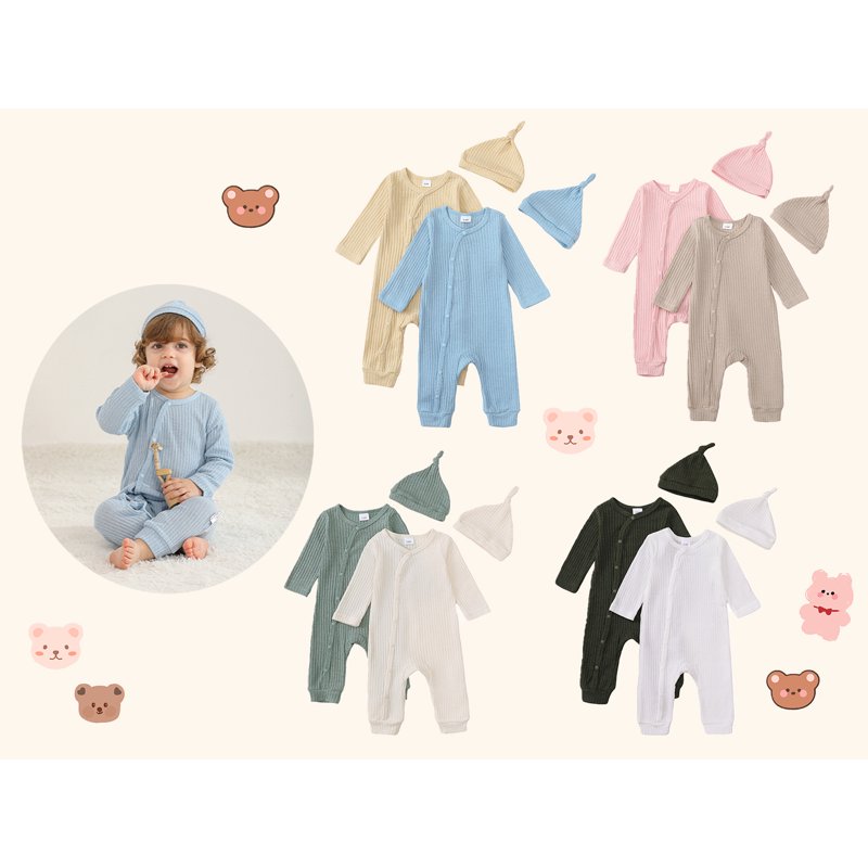 Actgleam Newborn Baby Boys Girls Pajamas With Hat Long Sleeve Button Solid Bodysuit Romper 2-Pack