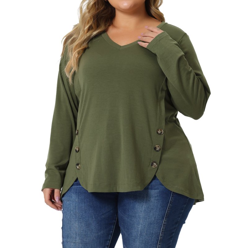 Agnes Orinda Women's Plus Size Long Sleeves Tops V Neck Loose Shirt Button Decor Blouses 2X ArmyGreen