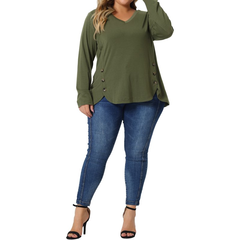 Agnes Orinda Women's Plus Size Long Sleeves Tops V Neck Loose Shirt Button Decor Blouses 2X ArmyGreen
