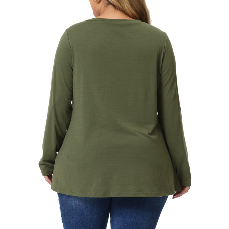 Agnes Orinda Women's Plus Size Long Sleeves Tops V Neck Loose Shirt Button Decor Blouses 2X ArmyGreen