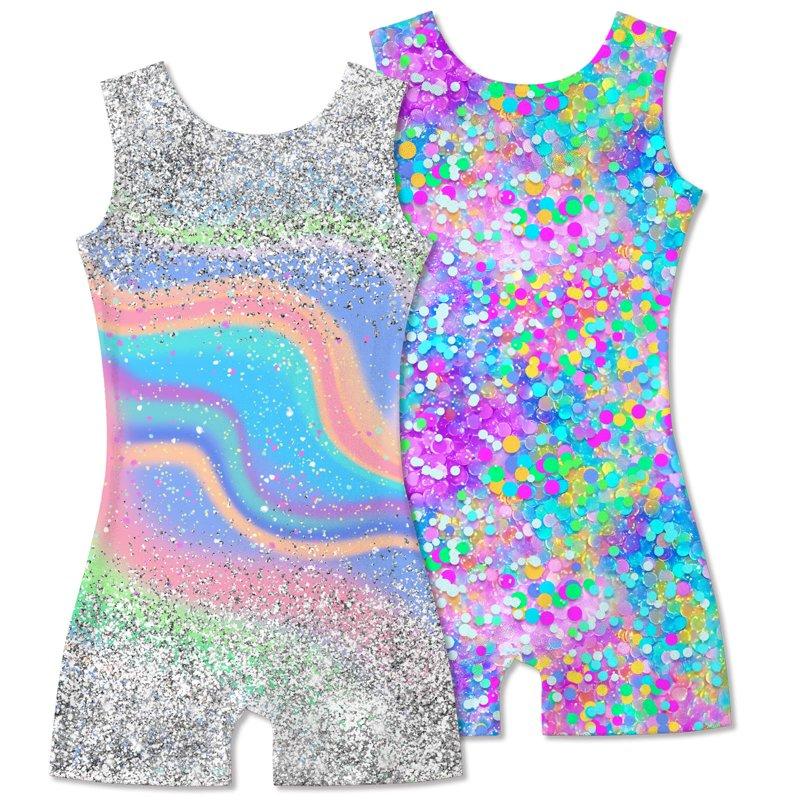 Aideaone 2 Pack Gymnastics Leotards For Girls Sparkly Toddler Biketards With Shorts Kids Unitard Dance Sportswear 3-10T