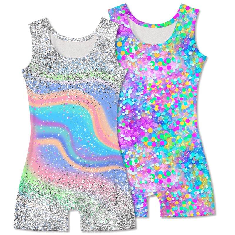 Aideaone 2 Pack Gymnastics Leotards For Girls Sparkly Toddler Biketards With Shorts Kids Unitard Dance Sportswear 3-10T