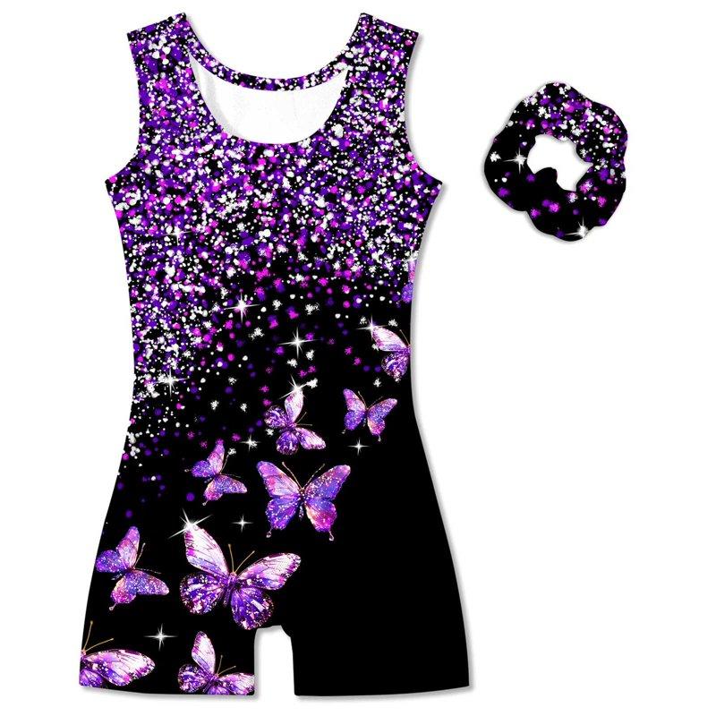 Aideaone Girl Gymnastic Leotards With Hair Scrunchie Sparkle Dance Unitards For 4-12Years