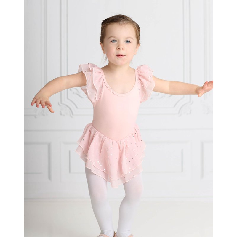 Aideaone Girls Ballet Dance Dress Toddler Leotards Ruffle Sleeve Shiny Ballet Tutu Skirt Pink 2-9T