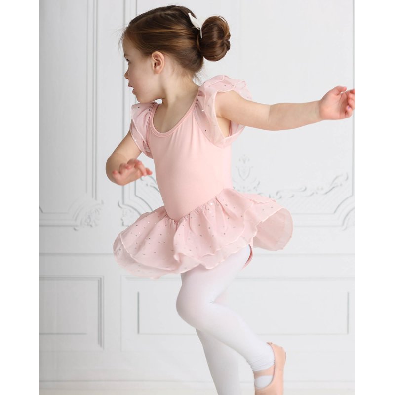 Aideaone Girls Ballet Dance Dress Toddler Leotards Ruffle Sleeve Shiny Ballet Tutu Skirt Pink 2-9T