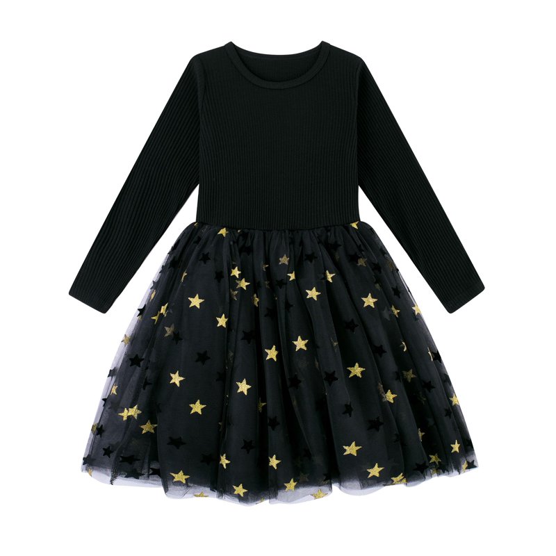 Aideaone Girls Dresses Long Sleeve Tutu Dress Fluffy Tulle Fall Winter Dresses Black 4-8 Years