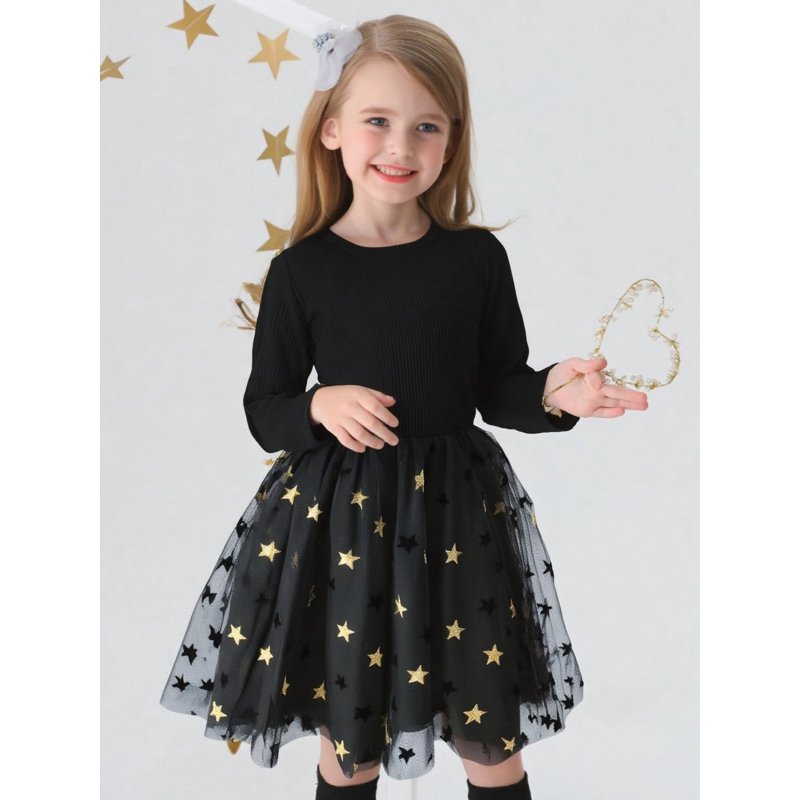 Aideaone Girls Dresses Long Sleeve Tutu Dress Fluffy Tulle Fall Winter Dresses Black 4-8 Years
