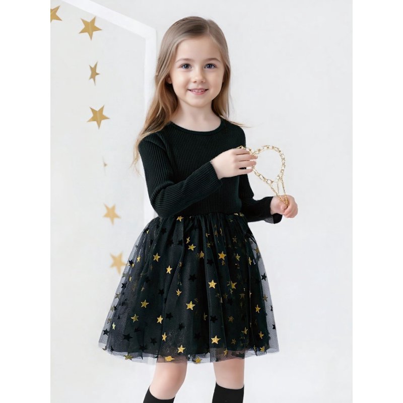 Aideaone Girls Dresses Long Sleeve Tutu Dress Fluffy Tulle Fall Winter Dresses Black 4-8 Years