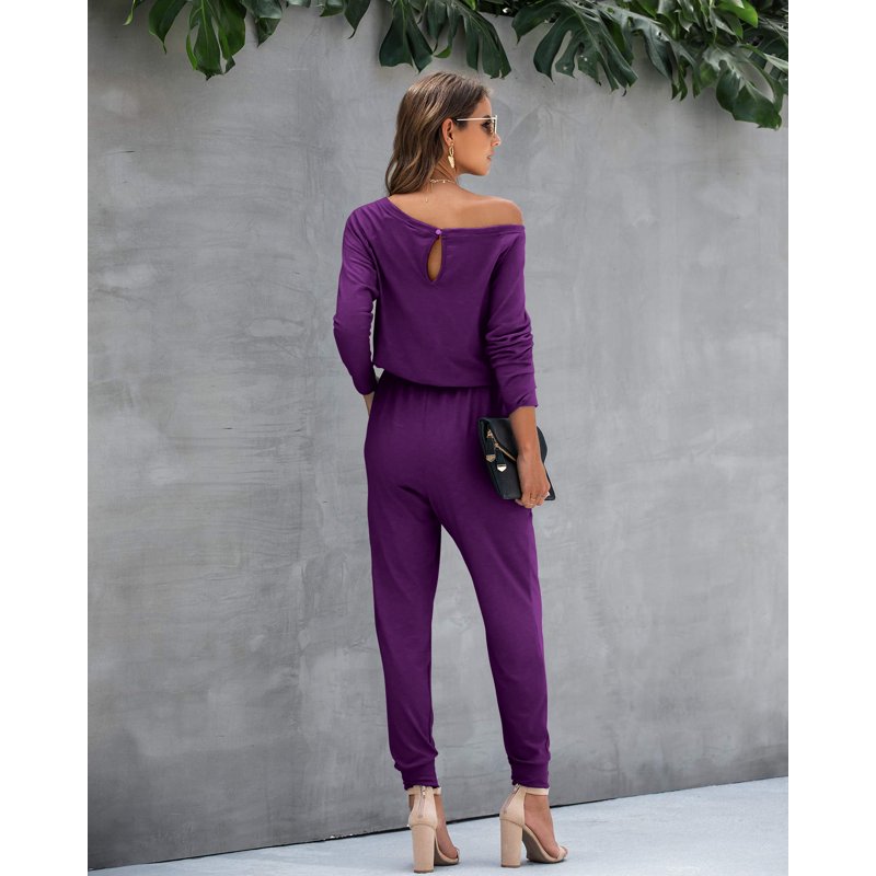 Aiyino Women's Loose Solid Off Shoulder Elastic Waist Stretchy Long Romper Jumpsuit With Pockets