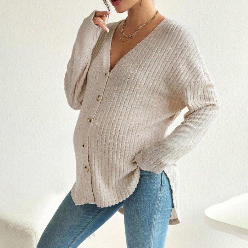 AKAFMK Winter Maternity Clothes Long Sleeve Maternity Tops Nursing Maternity Shirts Pregnant Women's Knitted Front Button Cardigan With Off Shoulder Sleeves Knitted Sweater Loose Coat