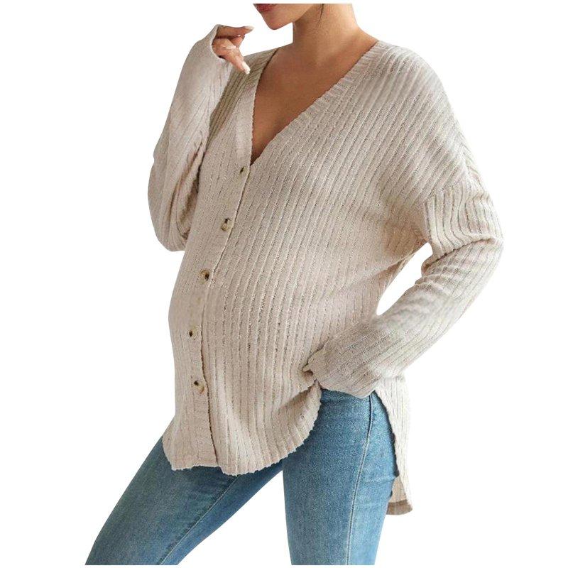 AKAFMK Winter Maternity Clothes Long Sleeve Maternity Tops Nursing Maternity Shirts Pregnant Women's Knitted Front Button Cardigan With Off Shoulder Sleeves Knitted Sweater Loose Coat