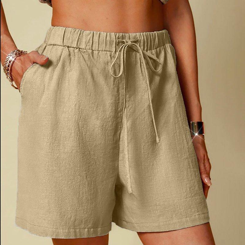 AKAFMK Womens Drawstring Shorts Elastic Waist Shorts For Women Women's Cotton Linen Shorts Solid Color Comfortable Elastic Wide Leg Casual Shorts