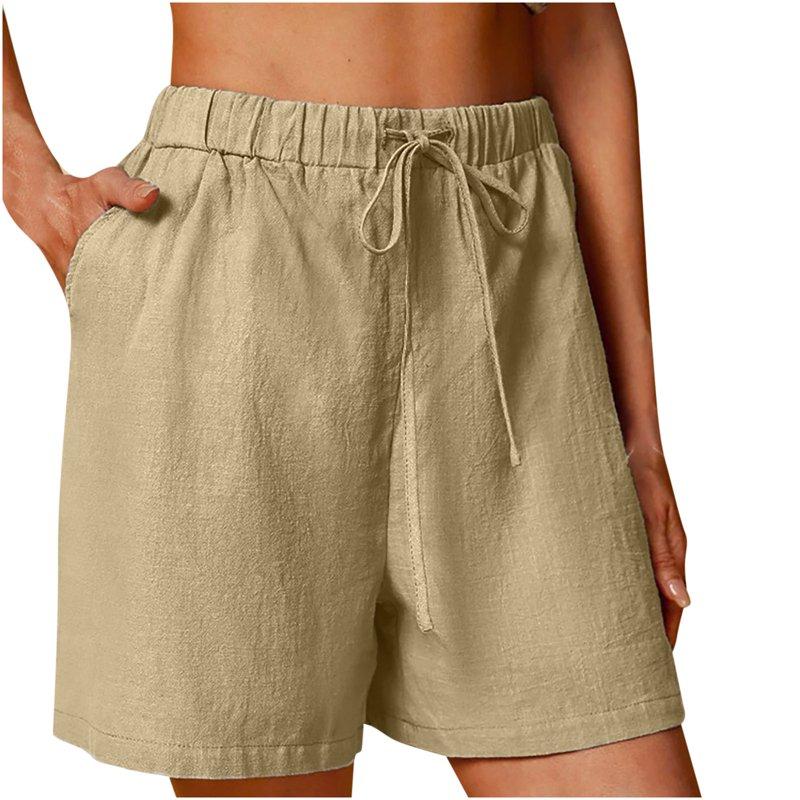 AKAFMK Womens Drawstring Shorts Elastic Waist Shorts for Women Women's Cotton Linen Shorts Solid Color Comfortable Elastic Wide Leg Casual Shorts