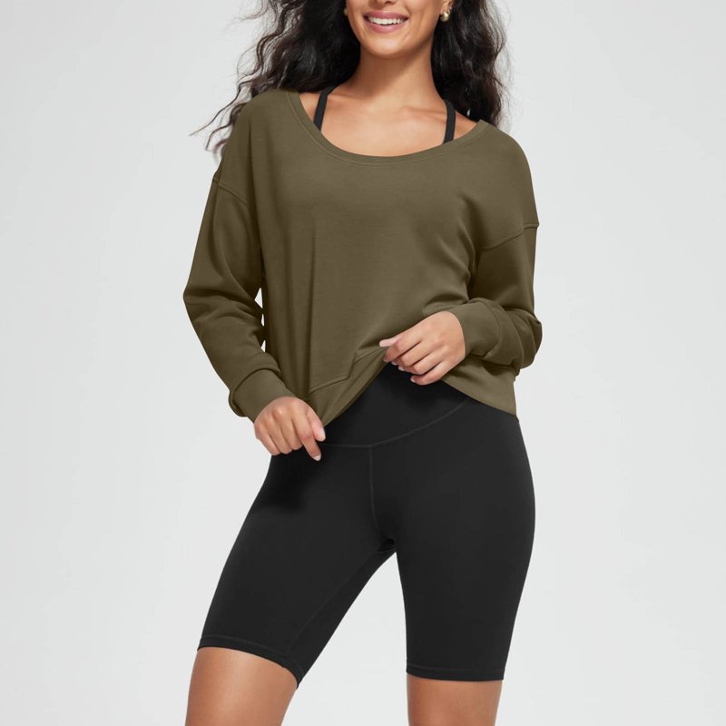 Aloohaidyvio No Boundaries Womens Fleece Cropped Sweatshirts Casual Long Sleeve Crew Neck Pullover Crop Top Army Green 2XL