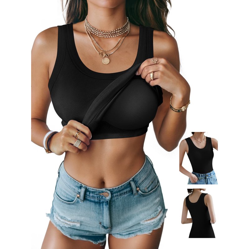 Anygrew Womens Tank Tops With Built In Shelf Bra Basic Stretchy Padded Camisole Casual Layering Tanks Undershirt Black-White-Gray-Coffee