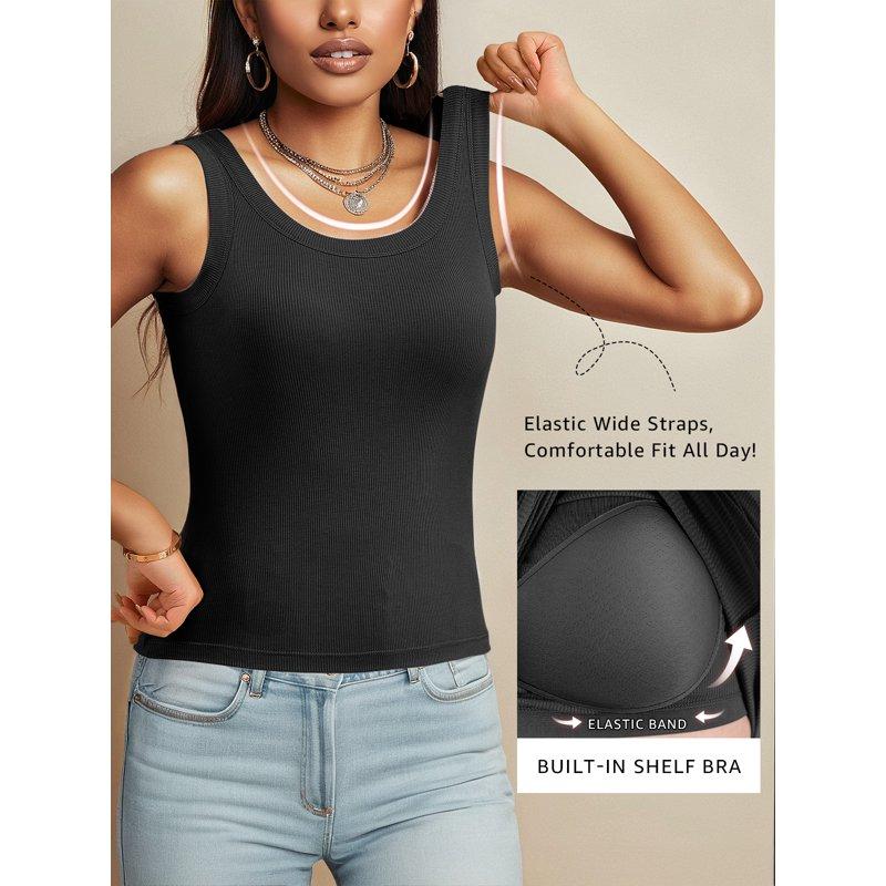 Anygrew Womens Tank Tops With Built In Shelf Bra Basic Stretchy Padded Camisole Casual Layering Tanks Undershirt Black-White-Gray-Coffee