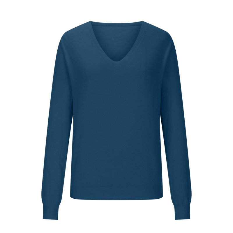 Aobny Cotton Comfort Womens Sweaters Blue V-Neck Long Sleeve Stockinette Pullover Fitted Sweaters For Adult Casual