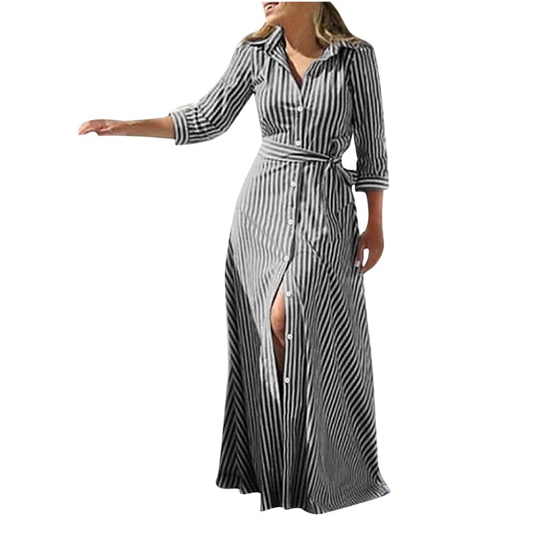 Aobny Spring Dresses Black Modest Office Shirt Dress Long Sleeve Striped Maxi Collared Womens Work Dresses