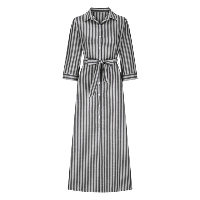 Aobny Spring Dresses Black Modest Office Shirt Dress Long Sleeve Striped Maxi Collared Womens Work Dresses