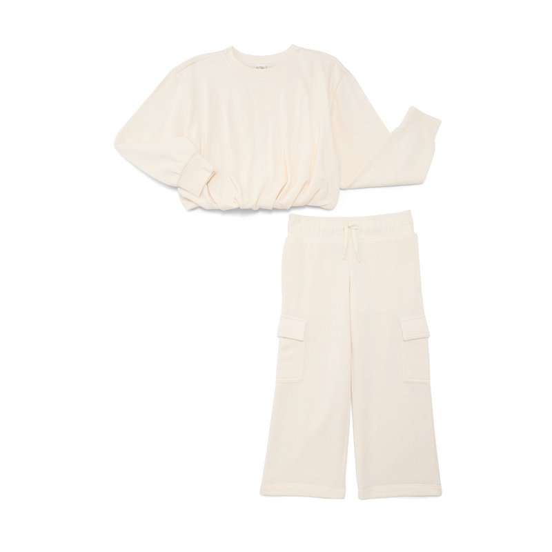 Athletic Works Girl’s Bubble Fleece Pullover and Wide Leg Cargo Set 2-Piece Sizes 4-18 & Plus