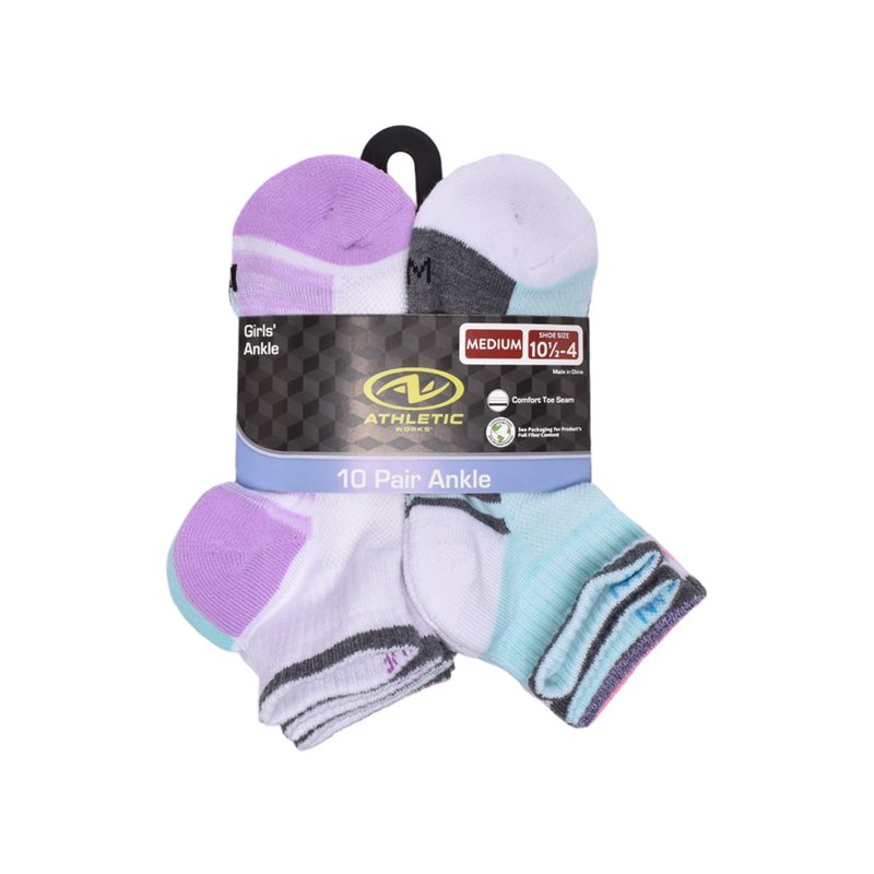Athletic Works Girls Cushioned Ankle Socks 10-Pack Sizes S (6-10.5) - L (4-10)