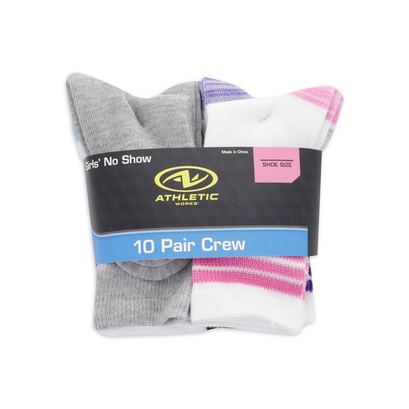 Athletic Works Girls Cushioned Crew Socks 10 Pack Size S (6-10.5)-L (4-10)