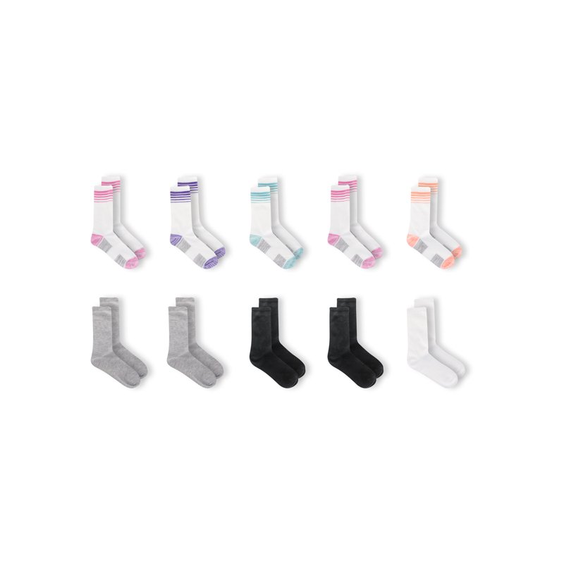 Athletic Works Girls Cushioned Crew Socks 10 Pack Size S (6-10.5)-L (4-10)