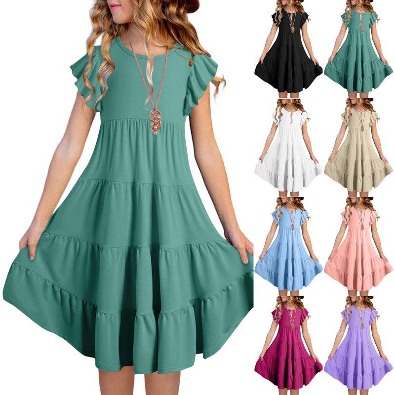 ATOGUTA Girls Dresses Short Sleeve Ruffled Pockets Dress for Girls Green Size 6M-15