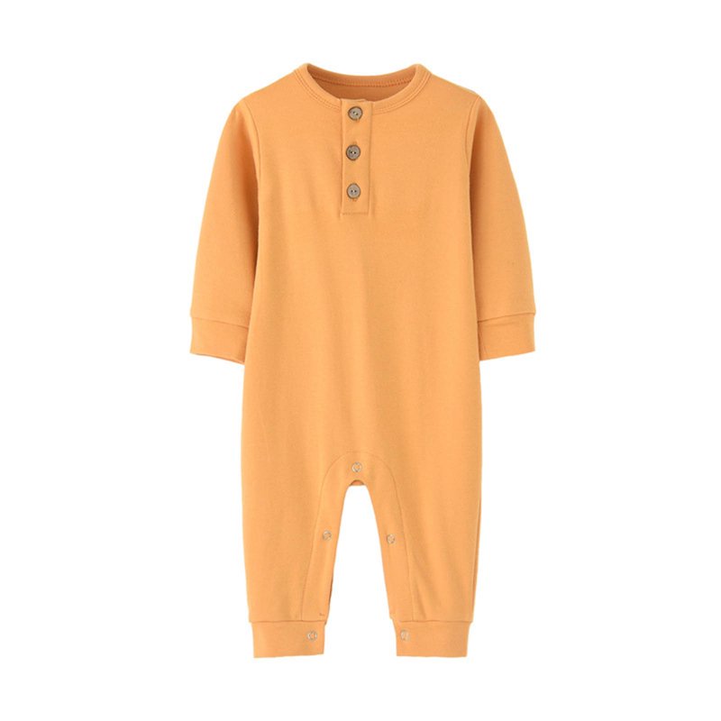 Baby Boys Girls Rompers Long Sleeve Round Neck Unisex Infant Clothes Button Solid Color Newborn Baby Girl Clothes Comfort Cotton Baby Boy Romper Jumpsuits 3-12 Months