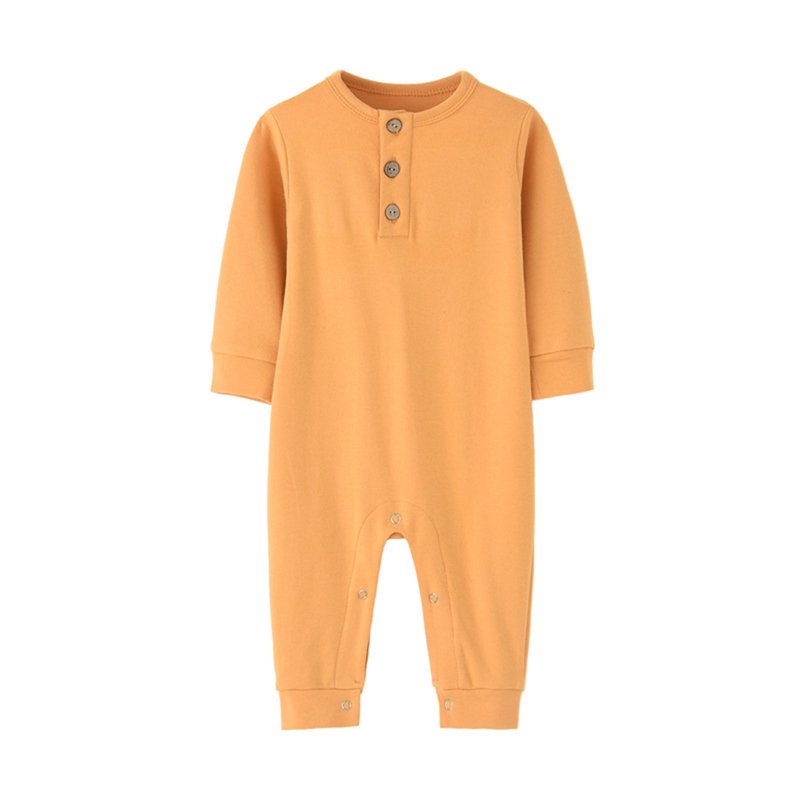 Baby Boys Girls Rompers Long Sleeve Round Neck Unisex Infant Clothes Button Solid Color Newborn Baby Girl Clothes Comfort Cotton Baby Boy Romper Jumpsuits 3-12 Months