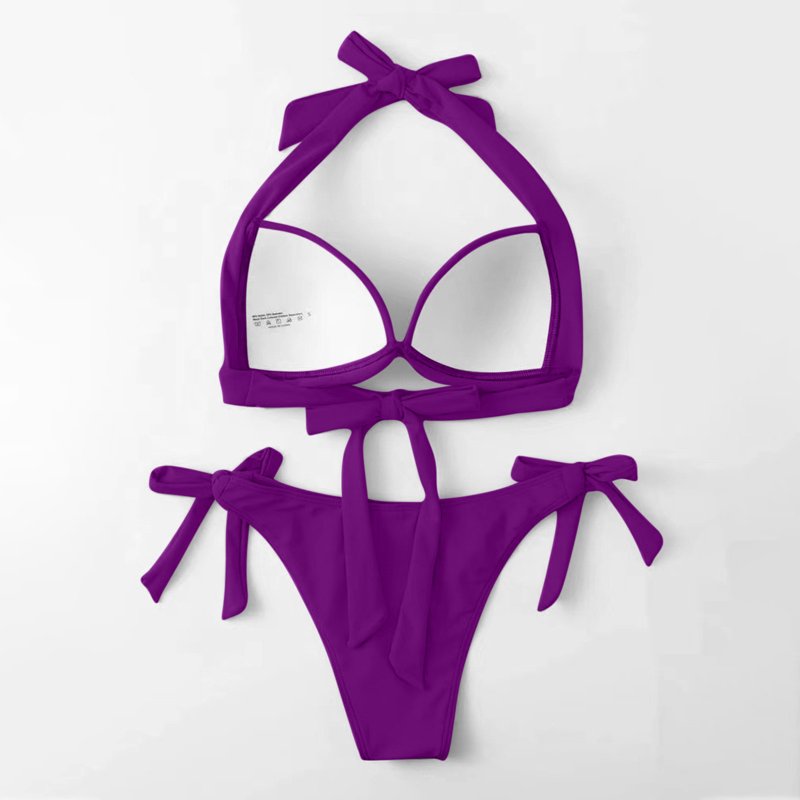 Babysbule Ladies Lace Up Halter Solid Push Up Strap High Cut Bikini Swimsuit Sets Two Piece Swimwear For Women