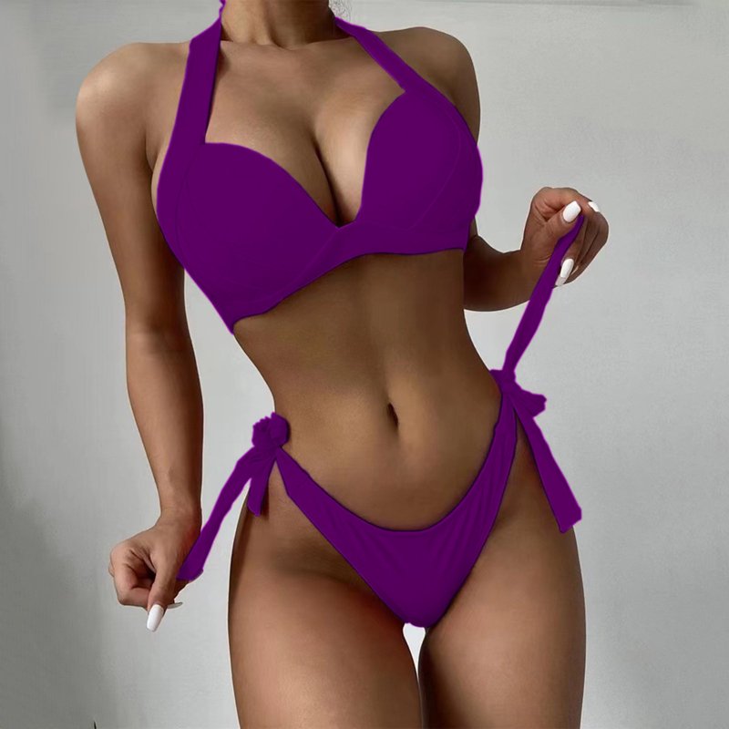 Babysbule Ladies Lace Up Halter Solid Push Up Strap High Cut Bikini Swimsuit Sets Two Piece Swimwear For Women