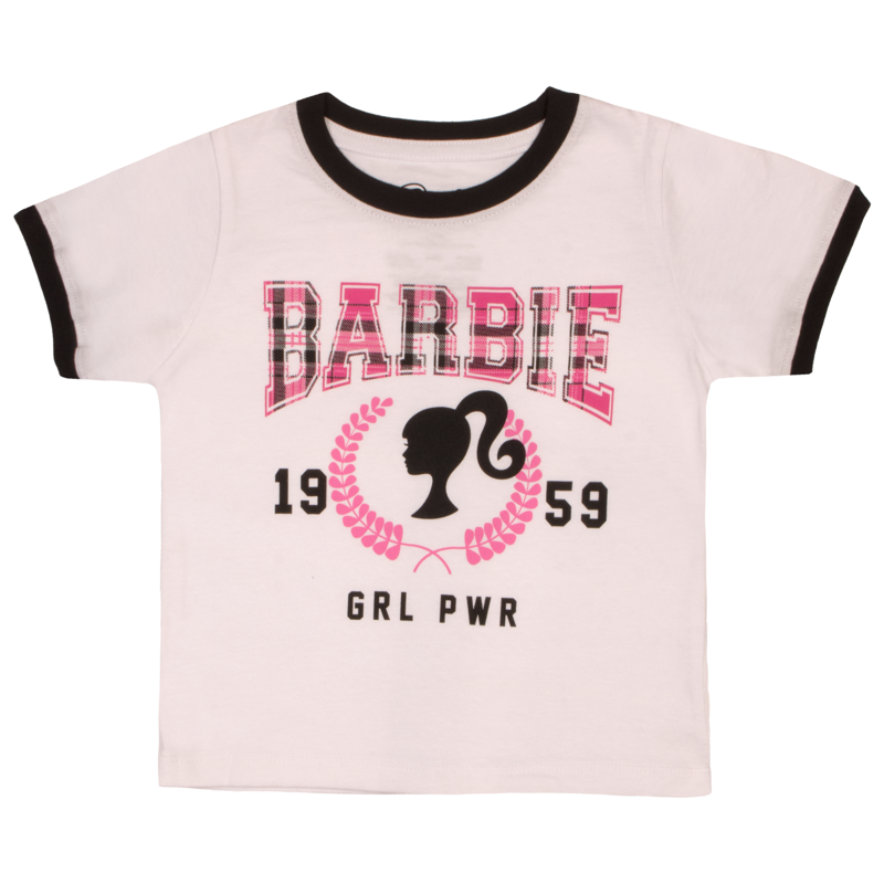 Barbie Girls Tee Varsity Text 1959 GRL PWR Babie Logo Silhouette T-shirts For Girls 2-Pack Bundle Set (Sizes 4-16)