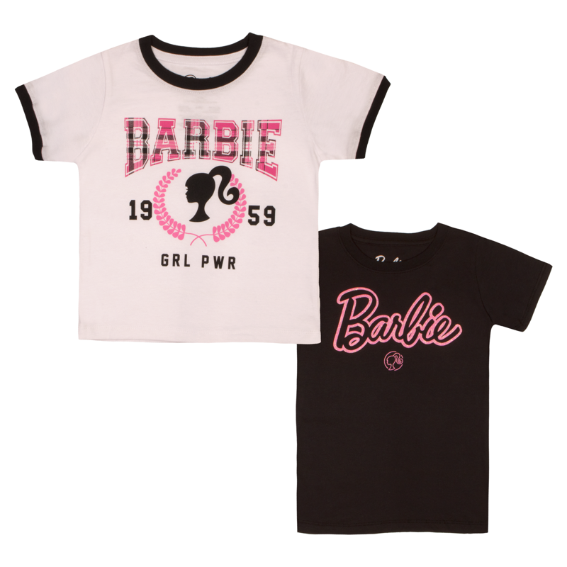 Barbie Girls Tee Varsity Text 1959 GRL PWR Babie Logo Silhouette T-shirts for Girls 2-Pack Bundle Set (Sizes 4-16)