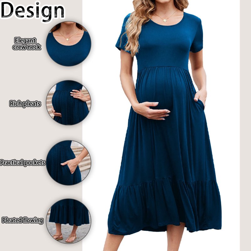 Beaisland Women’s Maternity Dress Short Sleeve Pleated Flowing Pregnancy Beach Dresses