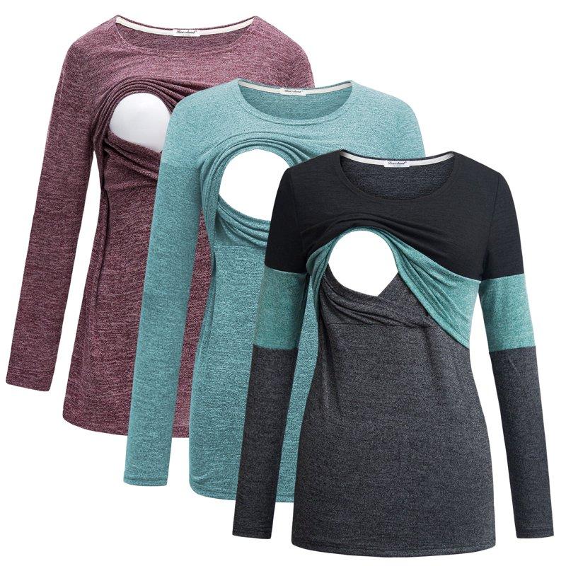 Bearsland Female Long Sleeve Maternity Nursing Top Breastfeeding Shirts 3-Pack