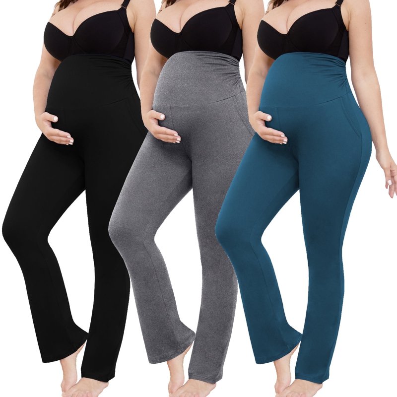 Bearsland Women's Plus Size Maternity Leggings over Belly Pregnancy Yoga Pants Active Wear Workout Pants with Pocket 3-Pack