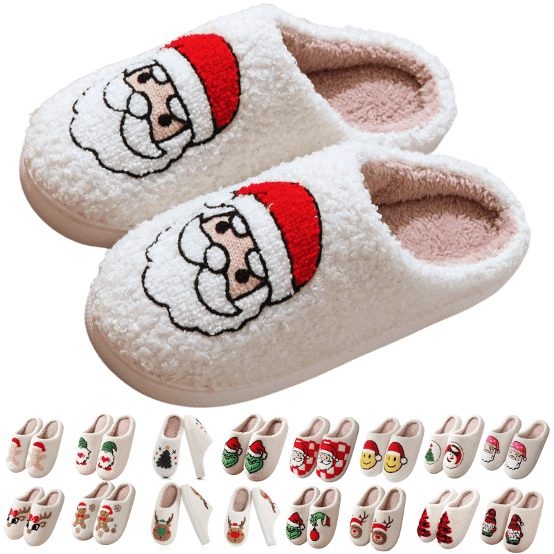 BERANMEY Christmas Reindeer Slippers for Womens Mens Plush Warm Santa Claus Slippers Fuzzy House Slippers Christmas Gifts For Girls Women Girlfriend