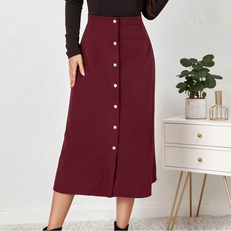Besolor Women's Fall Winter Corduroy Skirt Vintage High Waisted Basic Buttton Front A-Line Midi Skirts