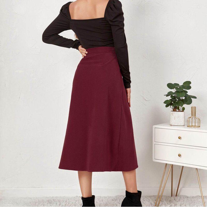 Besolor Women's Fall Winter Corduroy Skirt Vintage High Waisted Basic Buttton Front A-Line Midi Skirts